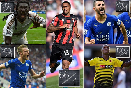 Gomis (trái, trên), Vardy (trái, dưới), Wilson (giữa), Mahrez (phải, trên), Ighalo (phải, dưới) đang là hiện tượng trên danh sách ghi bàn Ngoại hạng Anh.
